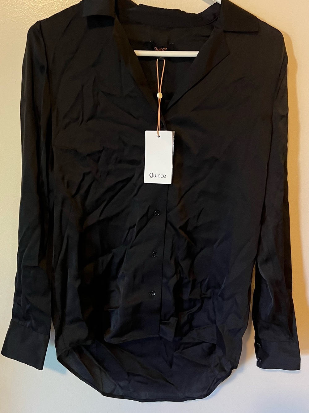 Quince Washable Silk Notch Collar Blouse Shirt Long Sleeve Black NWT Size S